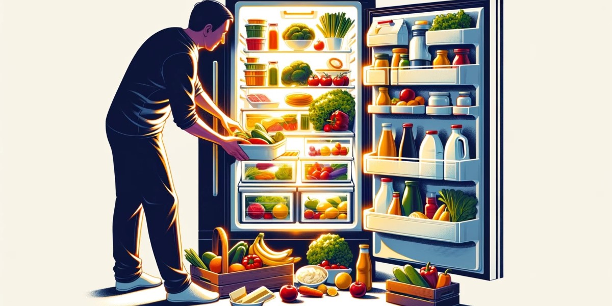 Persona che organizza meticolosamente il frigorifero, sistemando vari alimenti come frutta, verdure, latticini e bevande nei rispettivi compartimenti, dimostrando un approccio ordinato e funzionale alla conservazione degli alimenti.