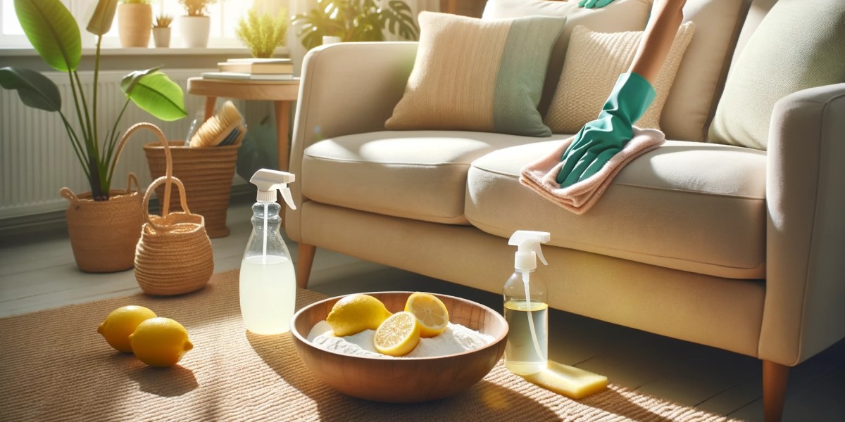 Salotto luminoso con divano in fase di pulizia utilizzando prodotti naturali, inclusi spray fatti in casa e limoni, per un approccio ecologico.