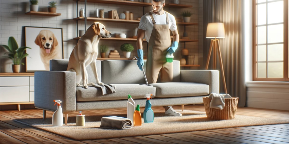 Persona impegnata nella pulizia di un divano moderno, con la compagnia di un animale domestico, per eliminare gli odori di cane o gatto usando prodotti ecocompatibili.