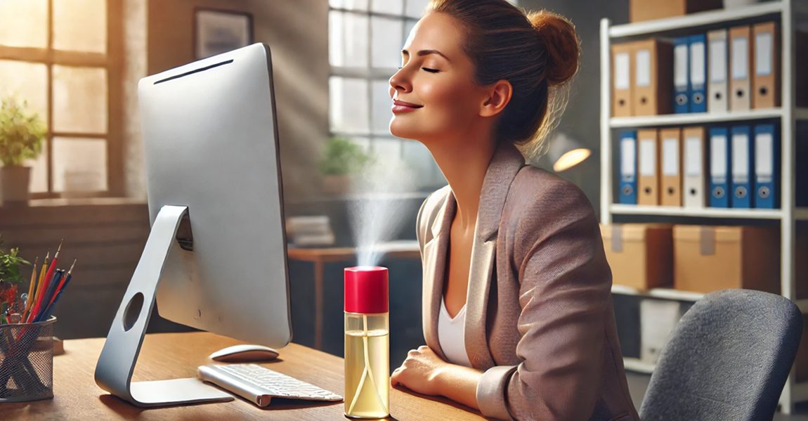 Una donna in ufficio al suo tavolo di lavoro, annusa il piacevole profumo di un deodorante d'ambiente sulla sua scrivania. Ha un'espressione soddisfatta sul volto. La scena è illuminata dalla luce naturale che evidenzia l'espressione della donna. Sullo sfondo, elementi d'ufficio come un computer, documenti e una finestra.